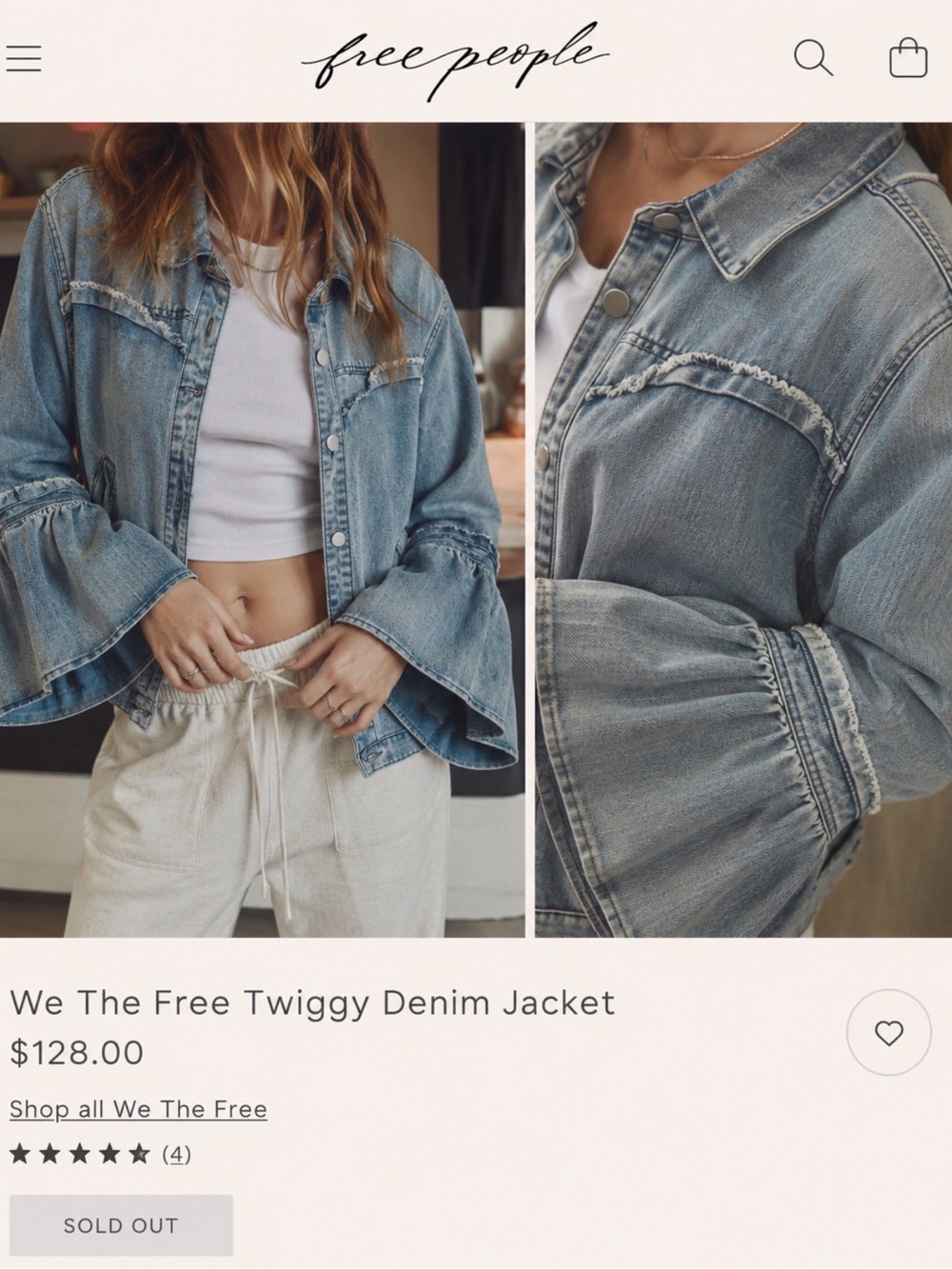 Free People Light Blue Denim Jacket with Flared Sleeves